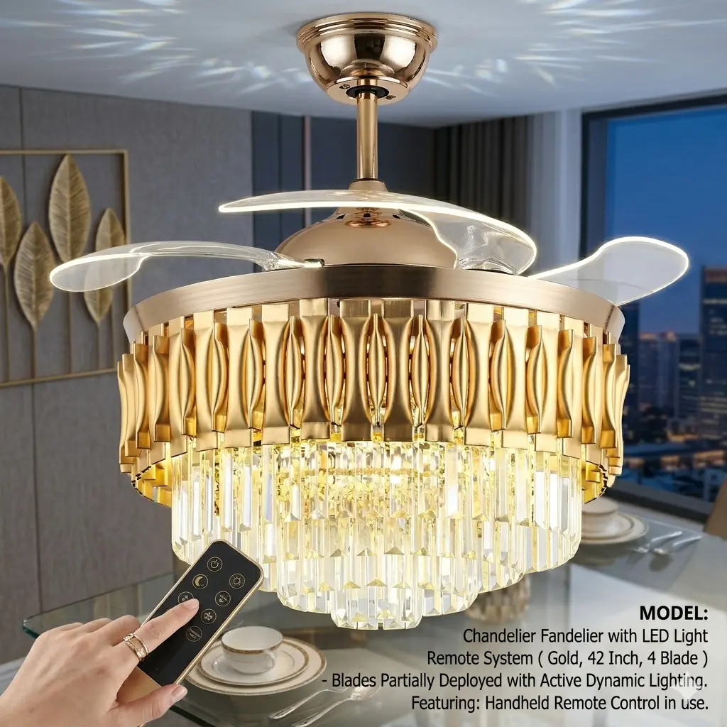 Modarn Crystal Chandelier Fan with Retractable Blade & LED Light 42″